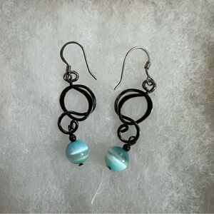 OOAK artisan dangle earrings with turquoise colored tigers eye sphere